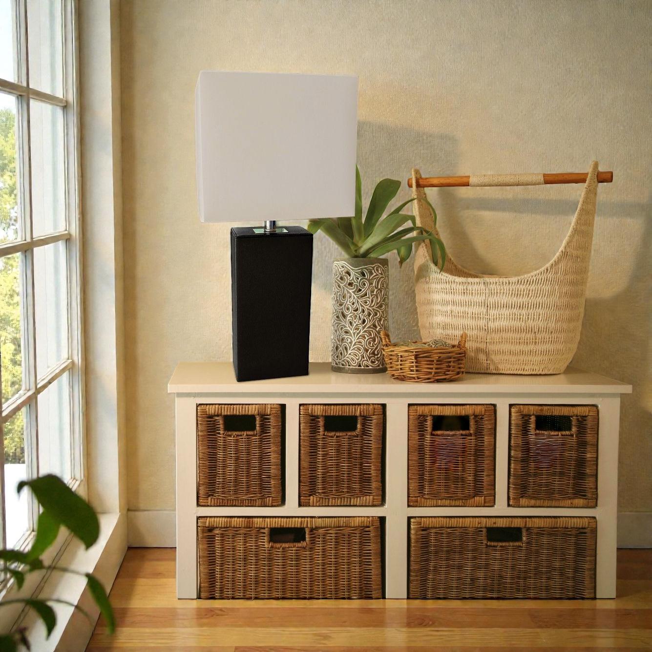 Black Leather Table Lamp, Modern White Fabric Shade