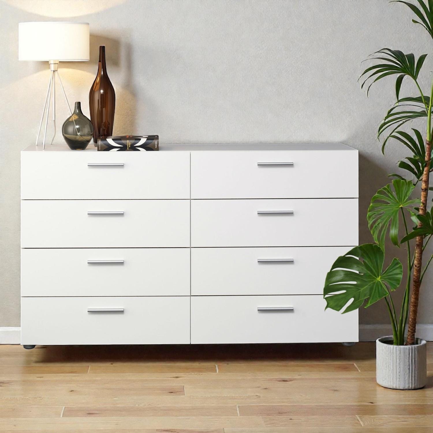 White Modern 8-Drawer Double Dresser | Minimalist Bedroom Storage Chest | Contemporary Wide Dresser for Bedroom or Living Room